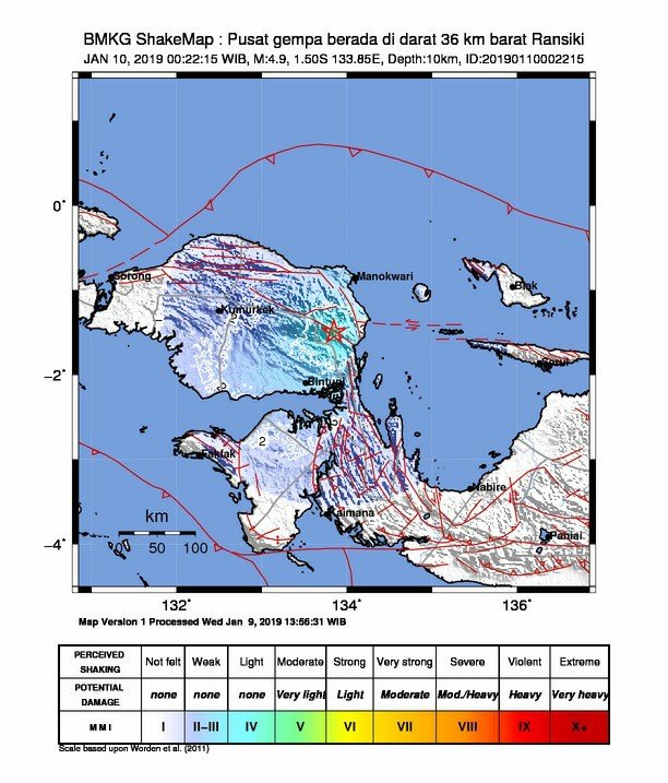 Peta pusat gempa bumi magnitudo 4,9 yang mengguncang Ransiki, Kabupaten Manokwari Selatan. Ransiki