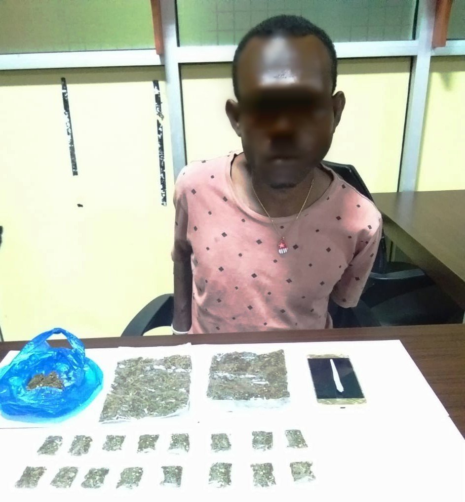 Tersangka pengedar ganja EA alias Eljon bersama barang bukti saat diperiksa oleh Penyidik Ditresnarkoba Polda PB. kompleks borobudur