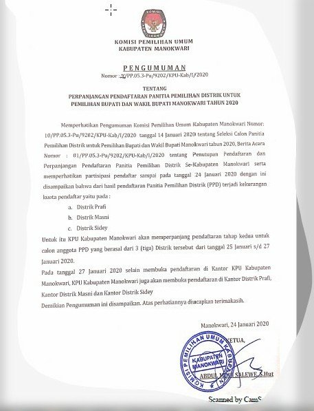 Pengumuman perpanjangan pendaftaran calon PPD di Distrik Prafi, Masni, dan Sidey