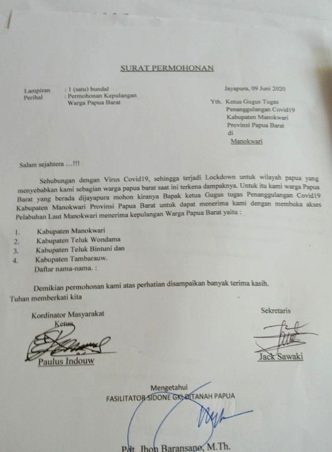 Surat Permohonan kepulangan penduduk Papua Barat yang terkunci Pandemi Covid-19 di Jayapura, Papua