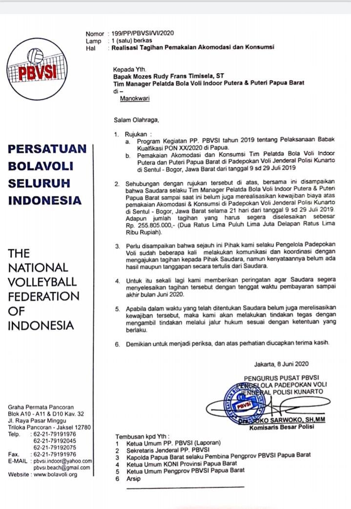 Surat tagihan akomodasi dan konsumsi tim Pelatda Bola Volly yang mencapai Rp255.805.000.