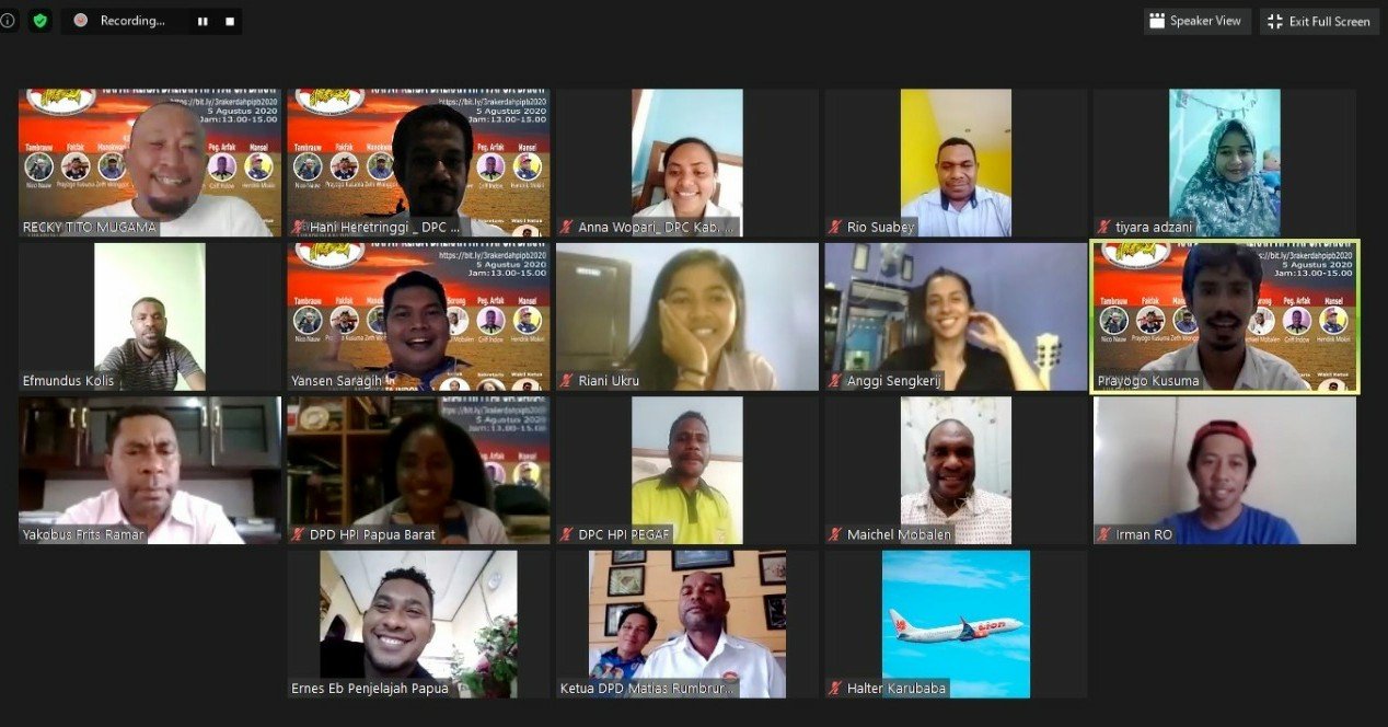 Printscreen zoom meeting Rakerda II DPD HPI Papua Barat. Rakerda ini diikuti 7 DPC HPI se-Papua Barat, dan dua DPC Persiapan