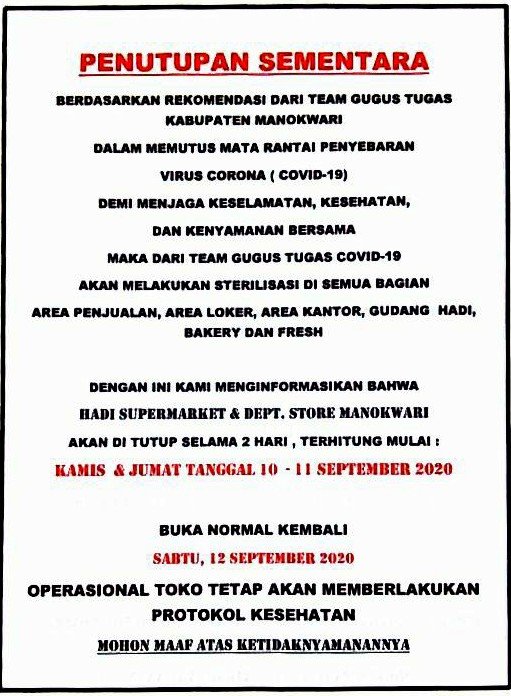 Informasi penutupan sementara HADI Supermarket Manokwari