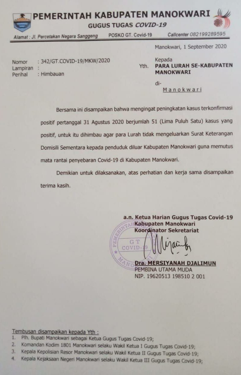 Surat Gugus Tugas Covid-19 Kabupaten Manokwari yang ditujukan ke Kepala Kelurahan se-Manokwari, untuk tidak menerbitkan surat keterangan domisili sementara.