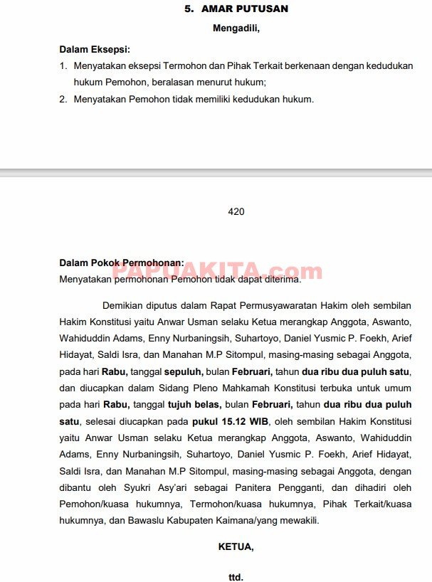 Amar Putusan Perselisihan Hasil Pilkada Kabupaten Kaimana Tahun 2020