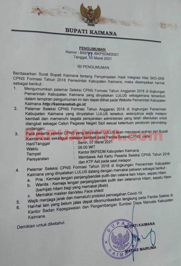 Pengumuman hasil seleksi CPNS formasi 2018 Kabupaten Kaimana
