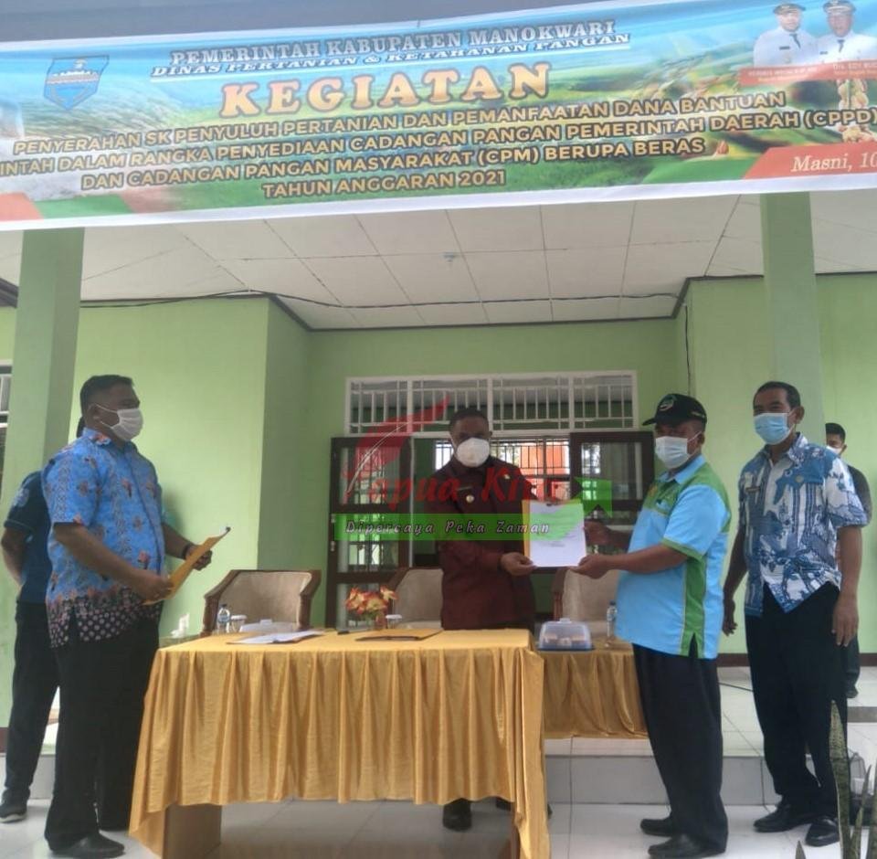 Bupati Manokwari Hermus Indou saat menyerahkan SK tenaga penyuluh secara simbolis kepada salah seorang penyuluh pertanian di Distrik Mansni (2)