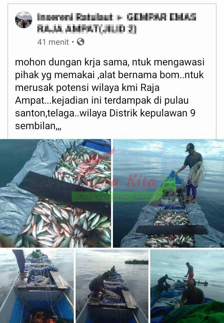 Tangkapan layar Facebook. Keluhan warga terkait aksi pengemboman ikan yang diduga marak terjadi di Distrik Kepulauan Sembilan, Raja Ampat