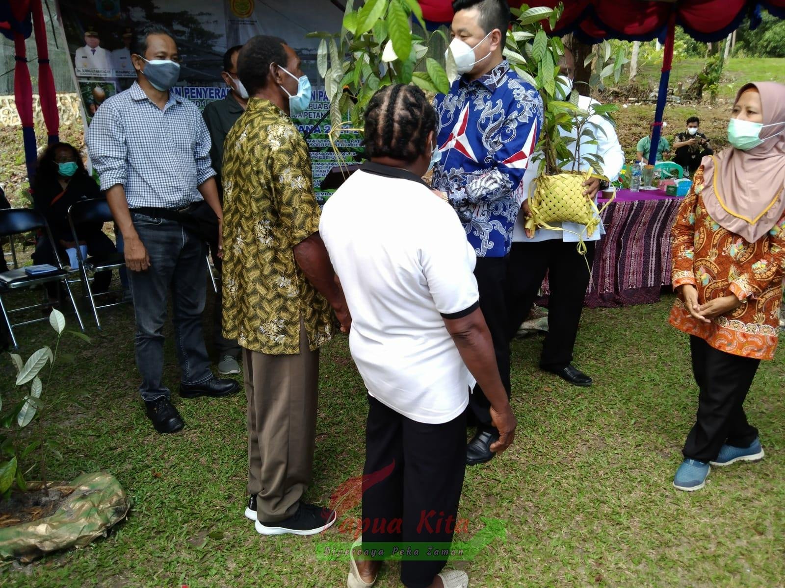 Bupati Kaimana Freddy Thie menyerahkan bantuan bibit Pala kepada perwalilan kelompok tani.