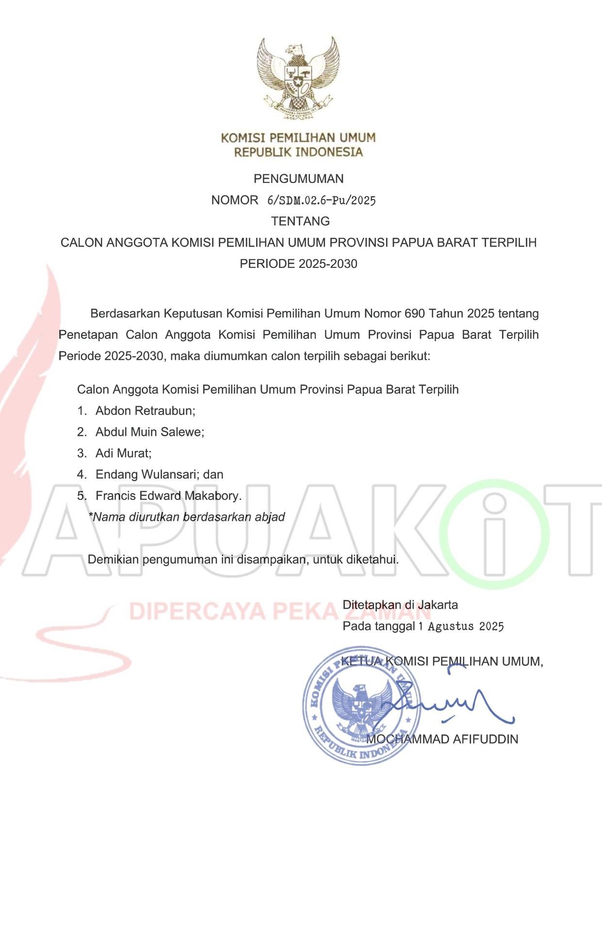 Pengumuman Penetapan Anggota KPU Papua Barat Periode 2025-2030.
