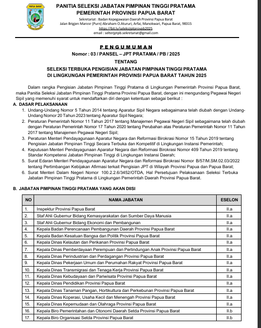 Pengumuman lelang jabatan tinggi pratama di lingkungan pemerintah Provinsi Papua Barat tahun 2025 Pengumuman lelang jabatan tinggi pratama di lingkungan pemerintah Provinsi Papua Barat tahun 2025