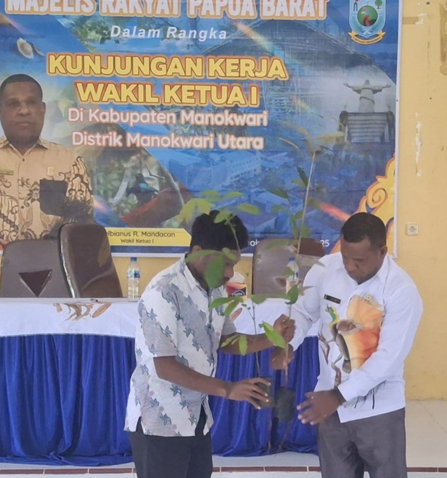 Wakil Ketua I MRPB Raimon Mandacan saat menyerahkan bibit tanaman kepada perwakilan masyarakat di sela kegiatan kunjungan kerja di Distrik Manokwari Utara.